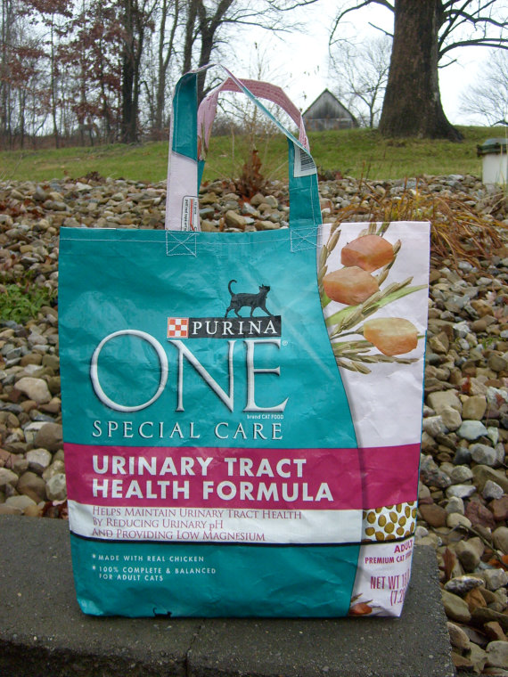 Recycled Feed Sack Cat Food Teal Market Bag Tote Purse